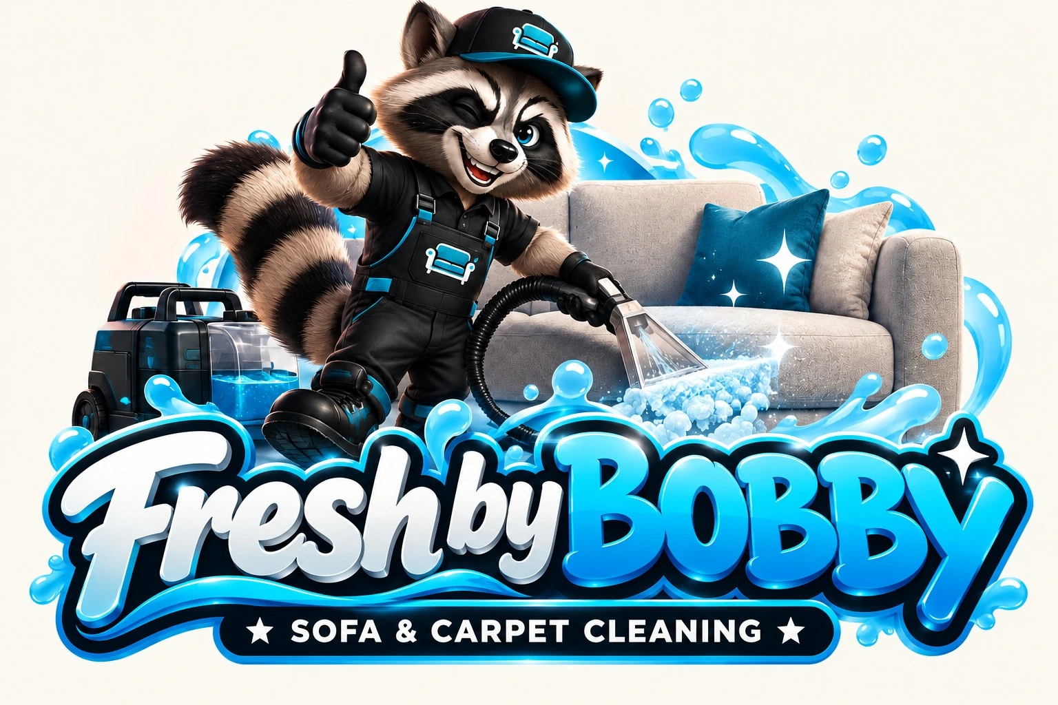 Bobby de wasbeer bij een beige bank — de originele FreshByBobby merkillustratie